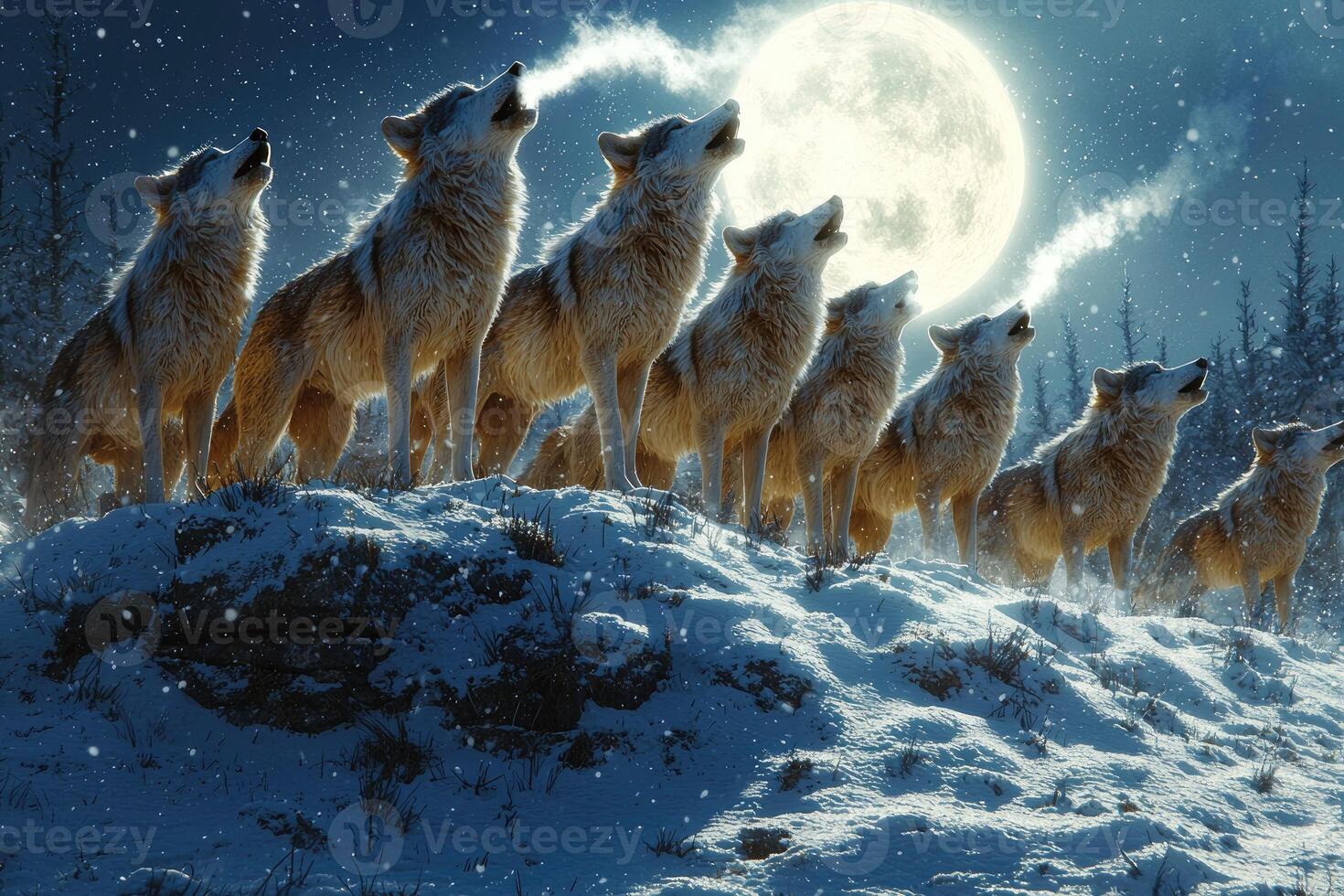 Wolf Pack Howls Under a Winter Moon photo