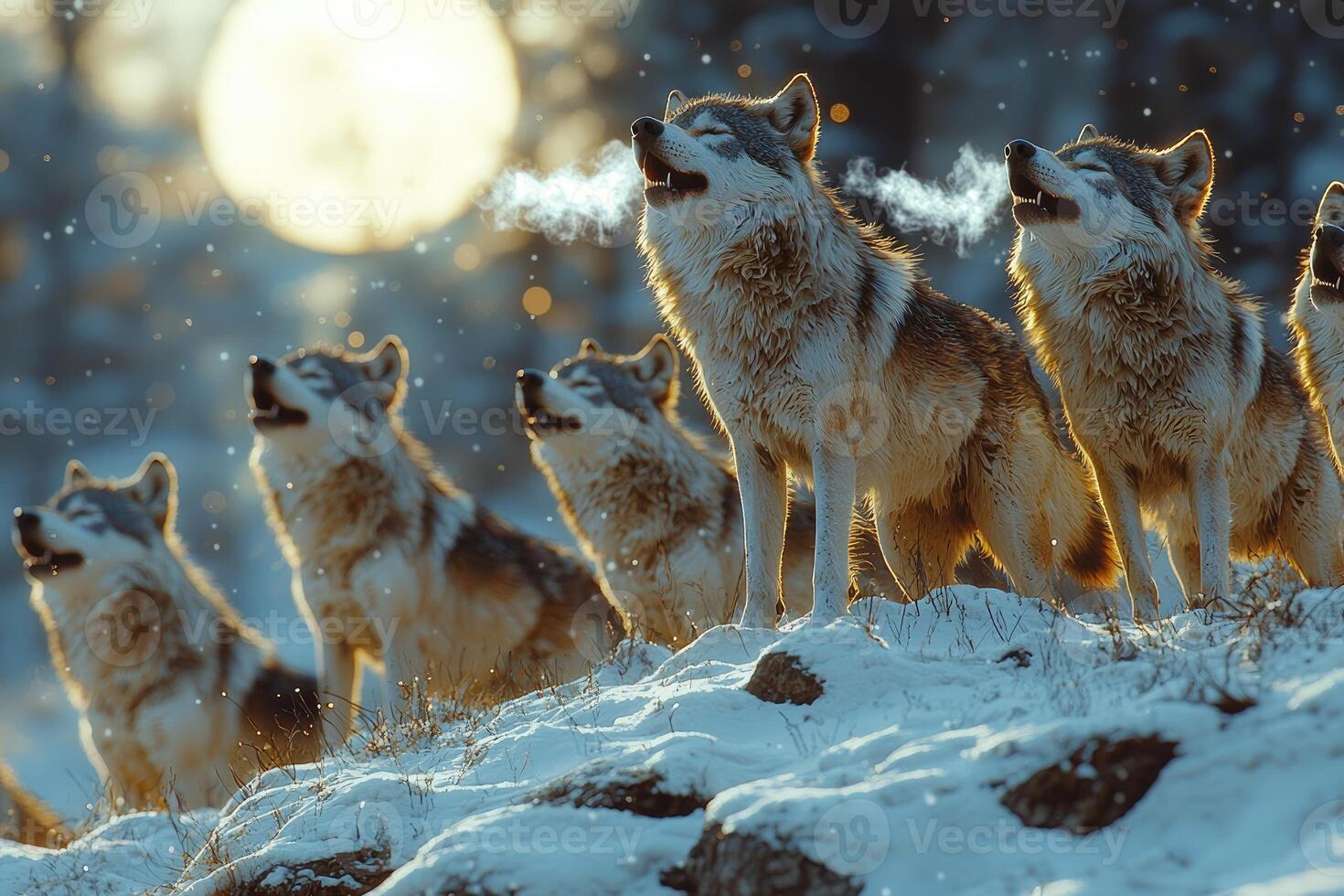 A Pack Of Wolves Howling In A Snowy Winter Landscape photo