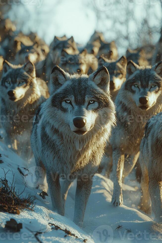 A Wolf Pack Walking Through Snowy Winter Woods photo