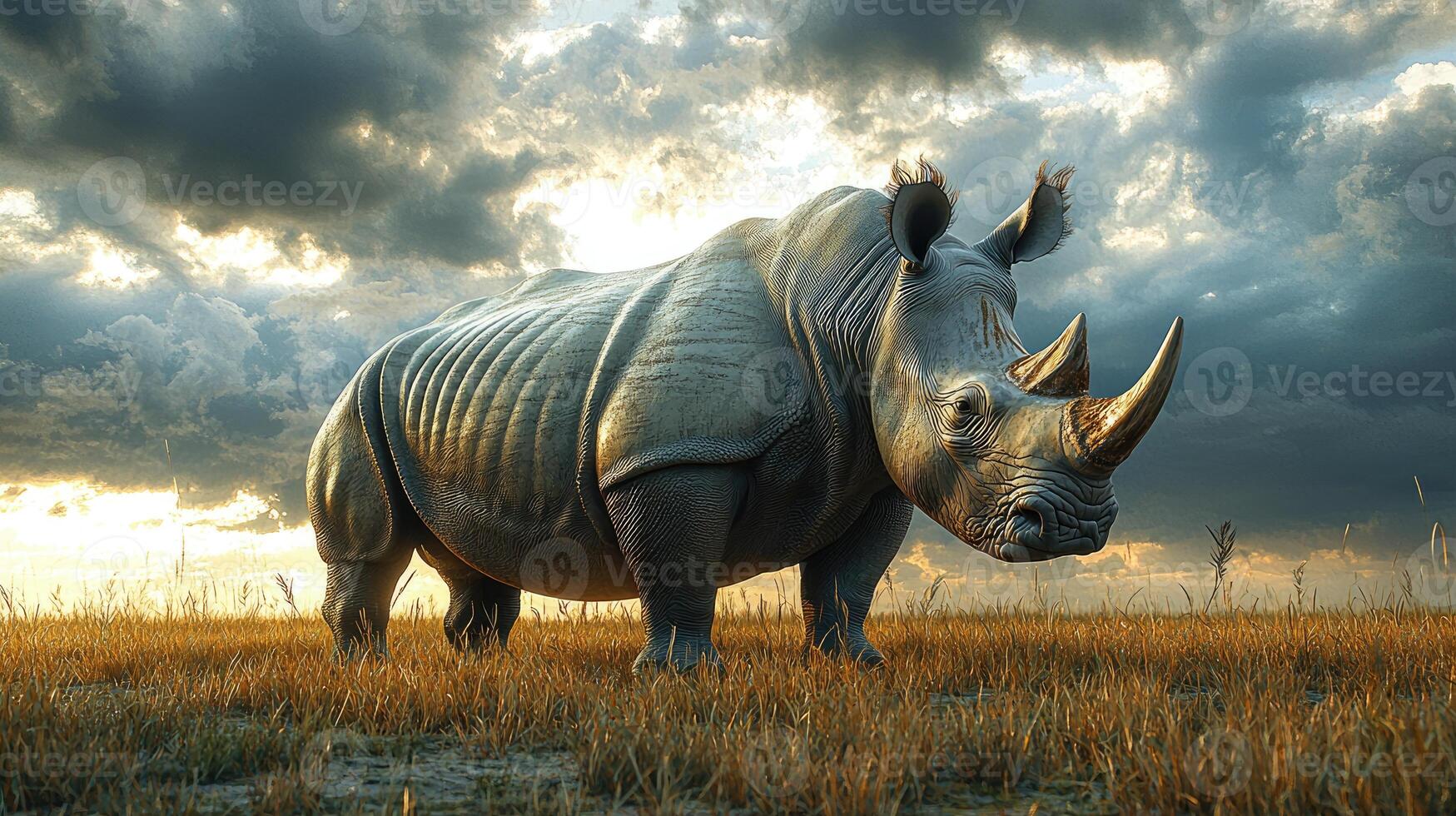 Majestic White Rhinoceros Stands in Golden Grassland Under Cloudy Sky photo