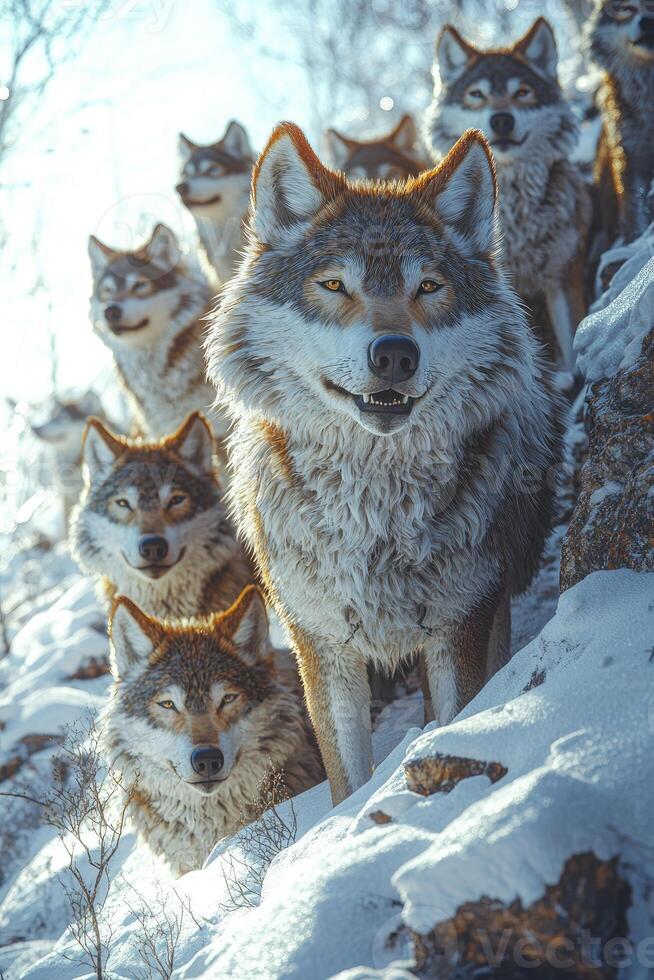 Majestic Wolves Gather In Snowy Winter Landscape photo