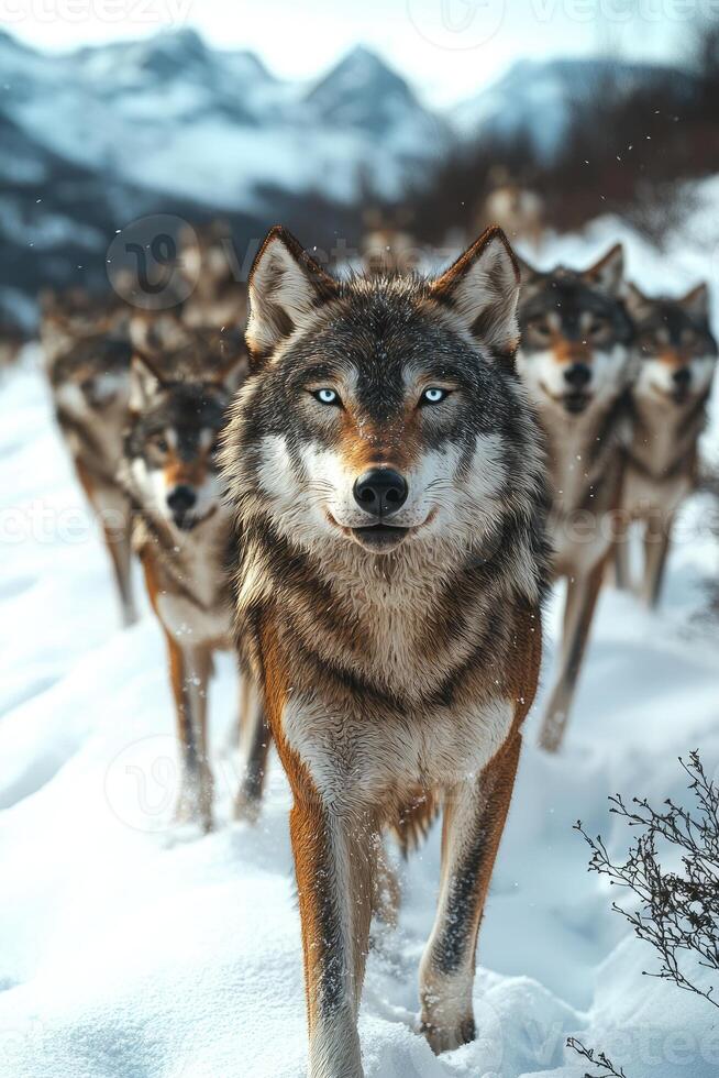 Majestic Wolf Leading Pack Through Snowy Mountains photo