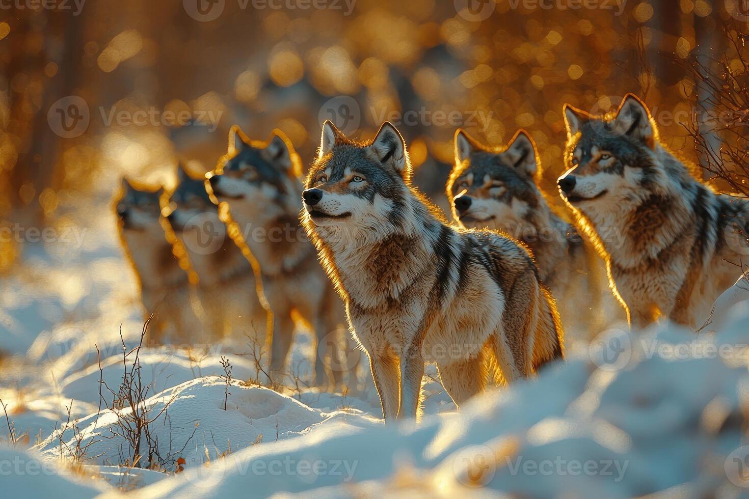 Majestic Wolves Bask in Golden Winter Sunlight photo
