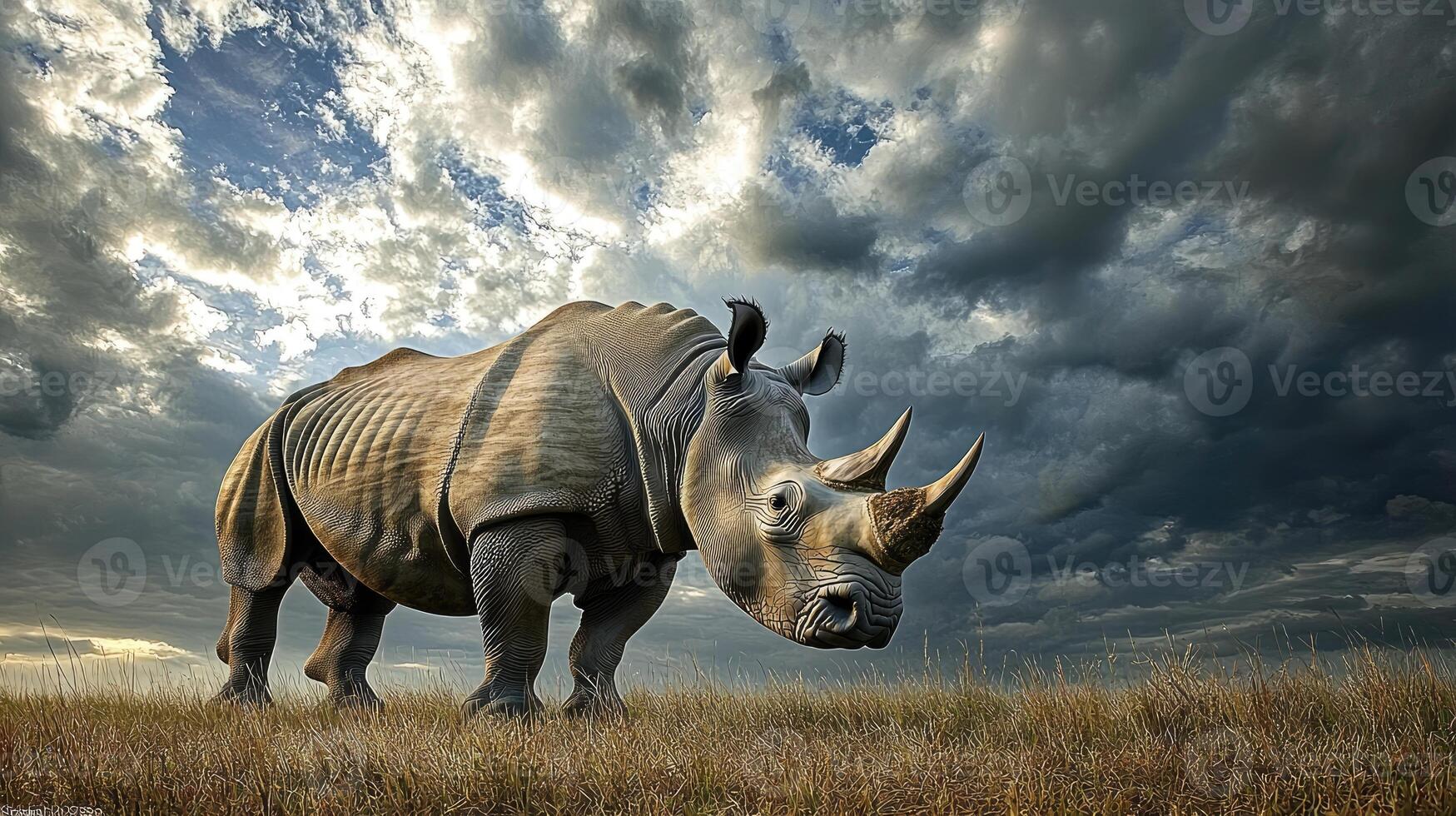 Rhino Stands in Serene Grassland Under Dramatic Sky photo