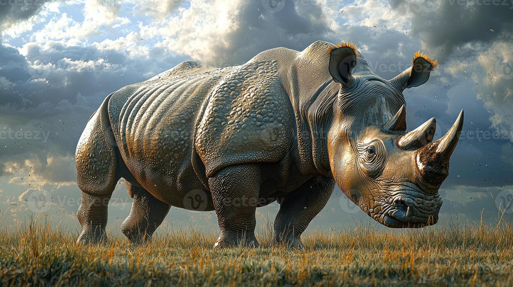Majestic Rhino Stands in Golden Grassland Under Cloudy Skies photo