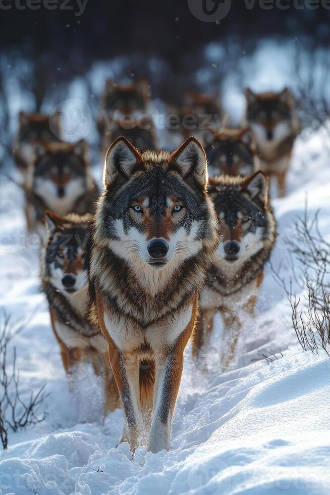 A Wolf Pack Walks Through Snowy Winter Terrain photo