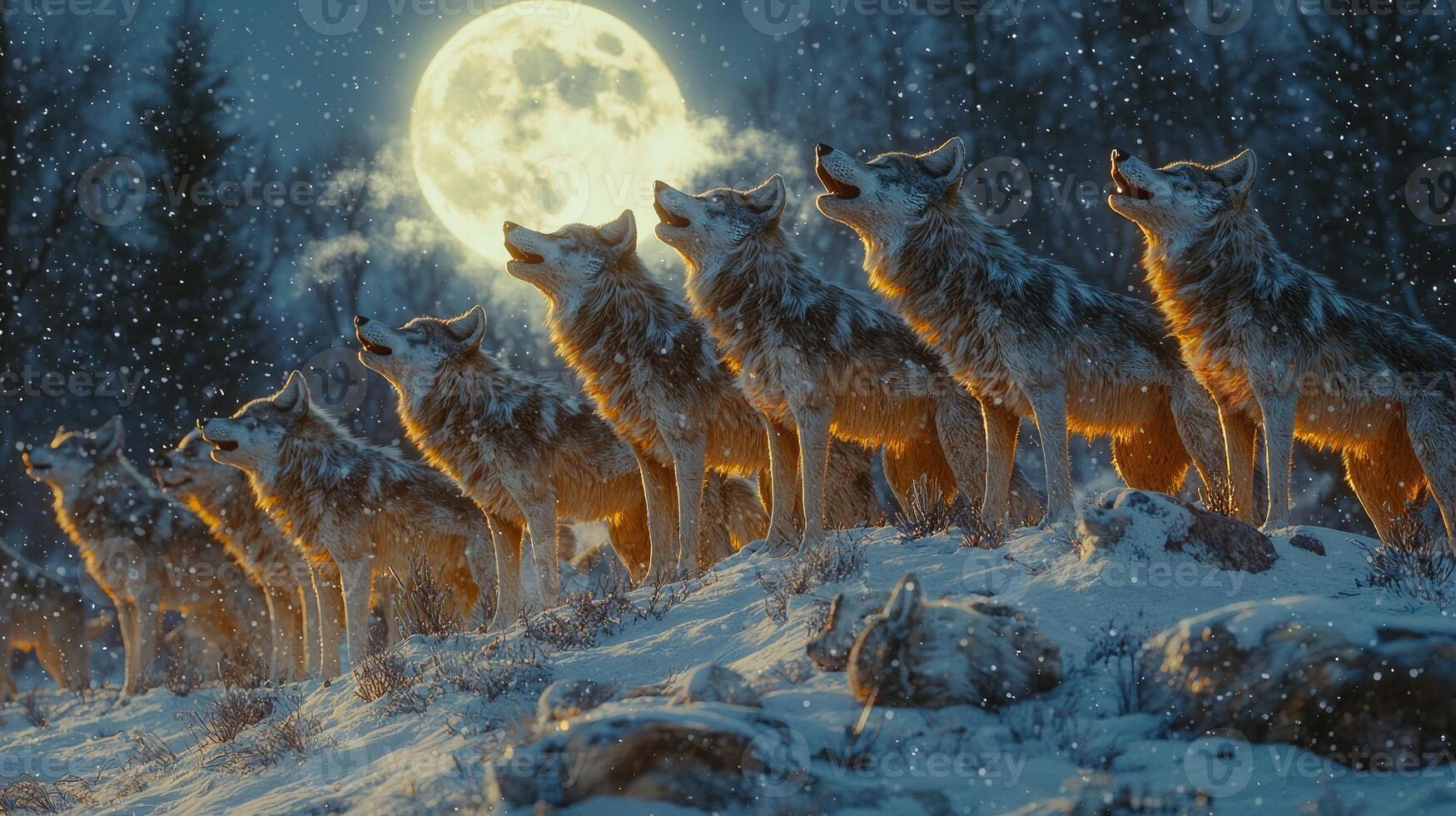 Wolves Howling at the Winter Moon in Snow photo