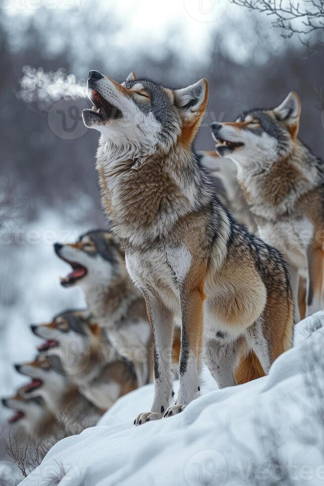 A Wolf Pack Howls In Winter Snow photo