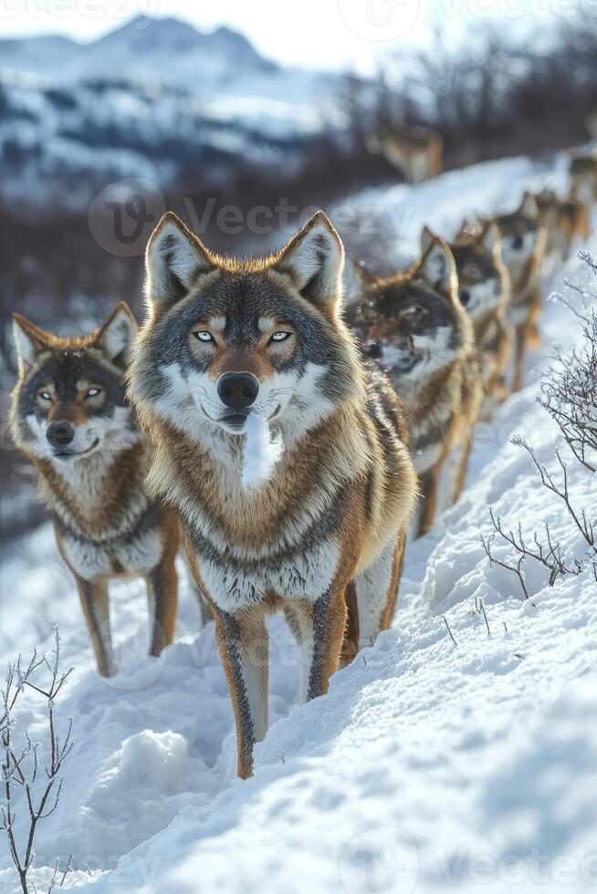 A Wolf Pack Walks Through Snowy Mountains photo