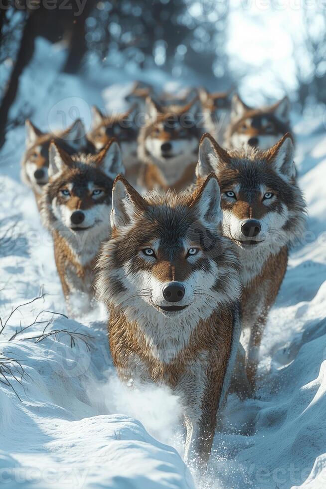 A Wolf Pack Runs Through Snowy Winter Woods photo
