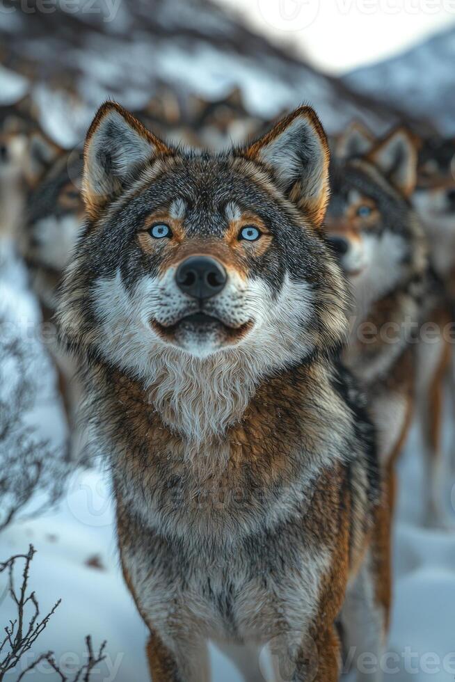 Majestic Wolf Leading a Pack in Snowy Terrain photo