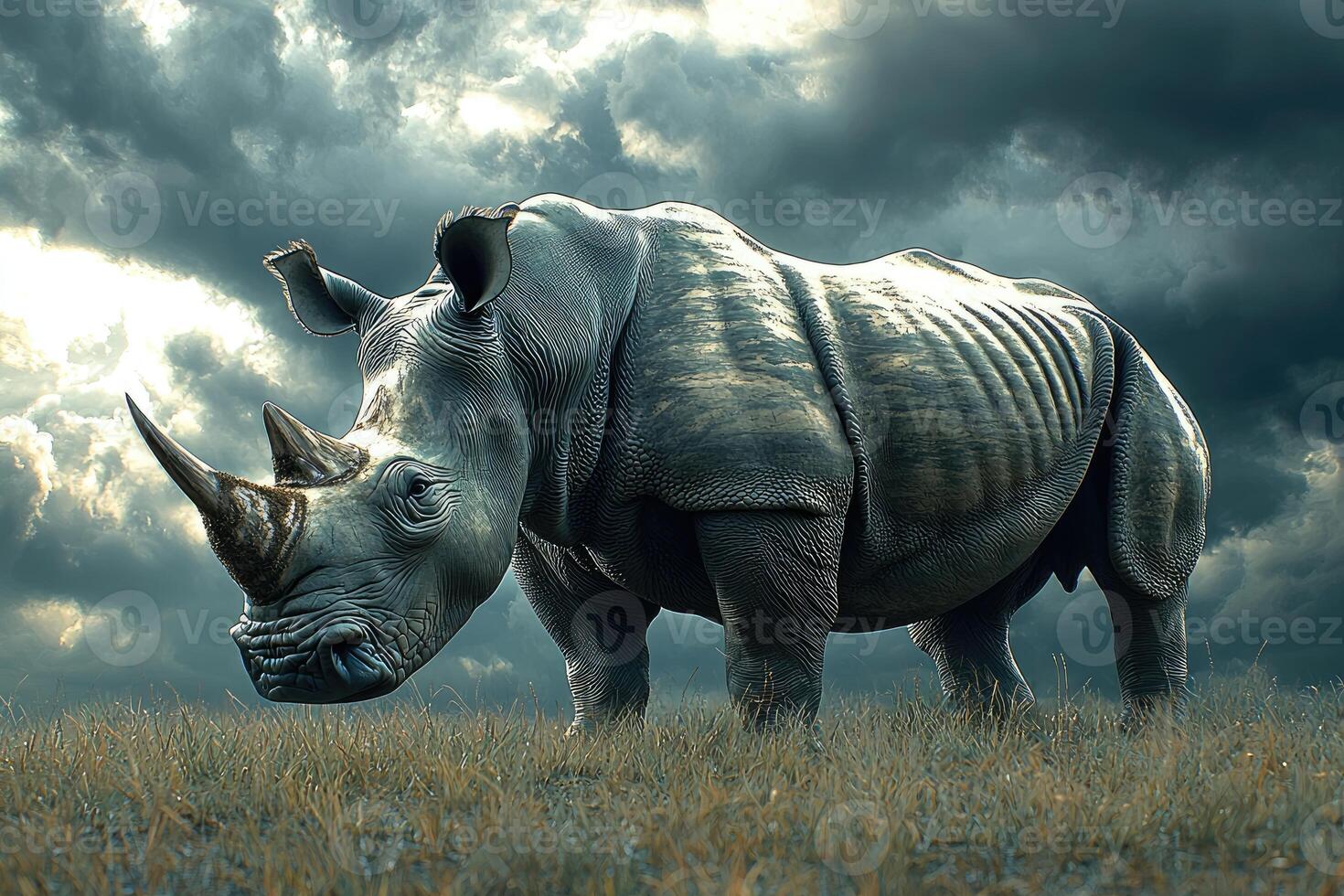 Majestic Rhino Stands in Grassy Savanna Under Stormy photo