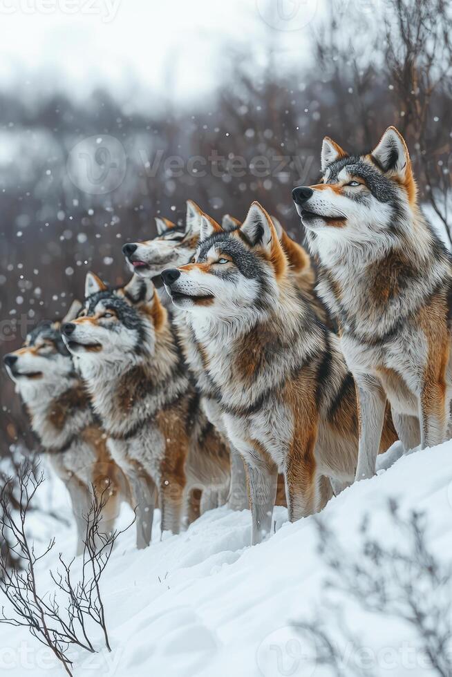 A Pack Of Wolves In Snowy Winter Landscape photo