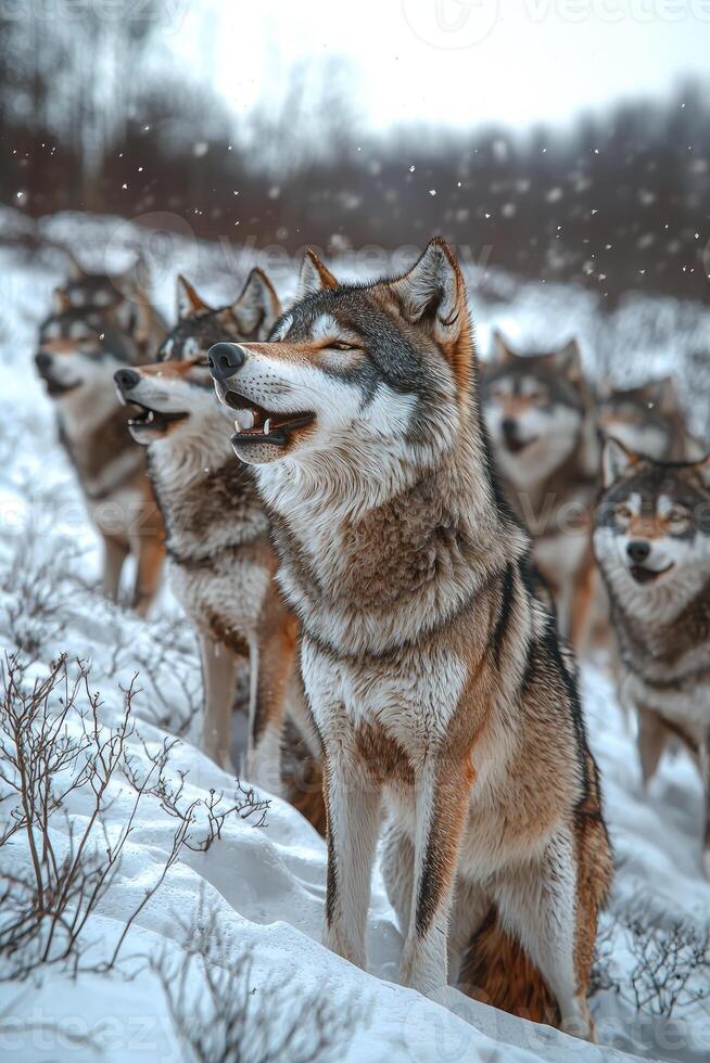 Wolves howling in winter landscape photo