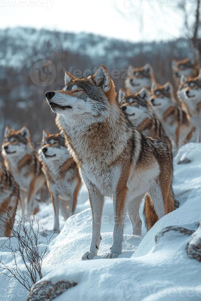 Majestic Wolf Leading Pack Across Snowy Landscape photo