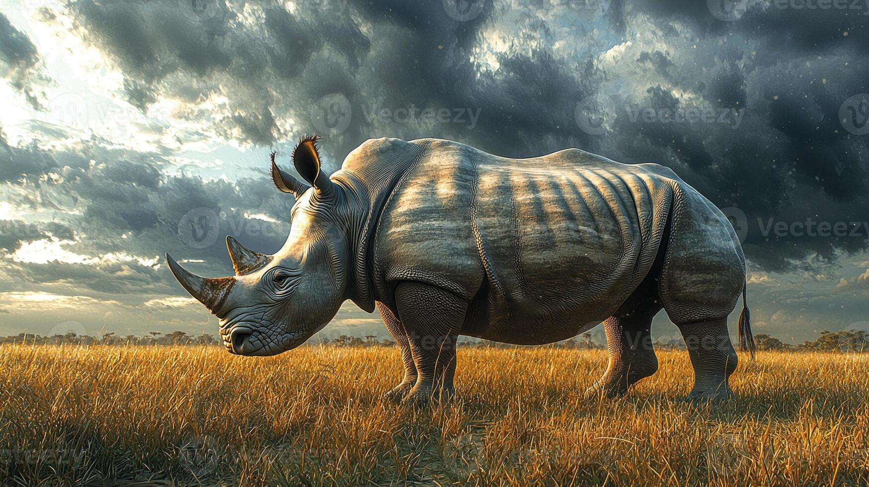 White Rhinoceros Grazing in Golden Savannah Under Dramatic Sky photo