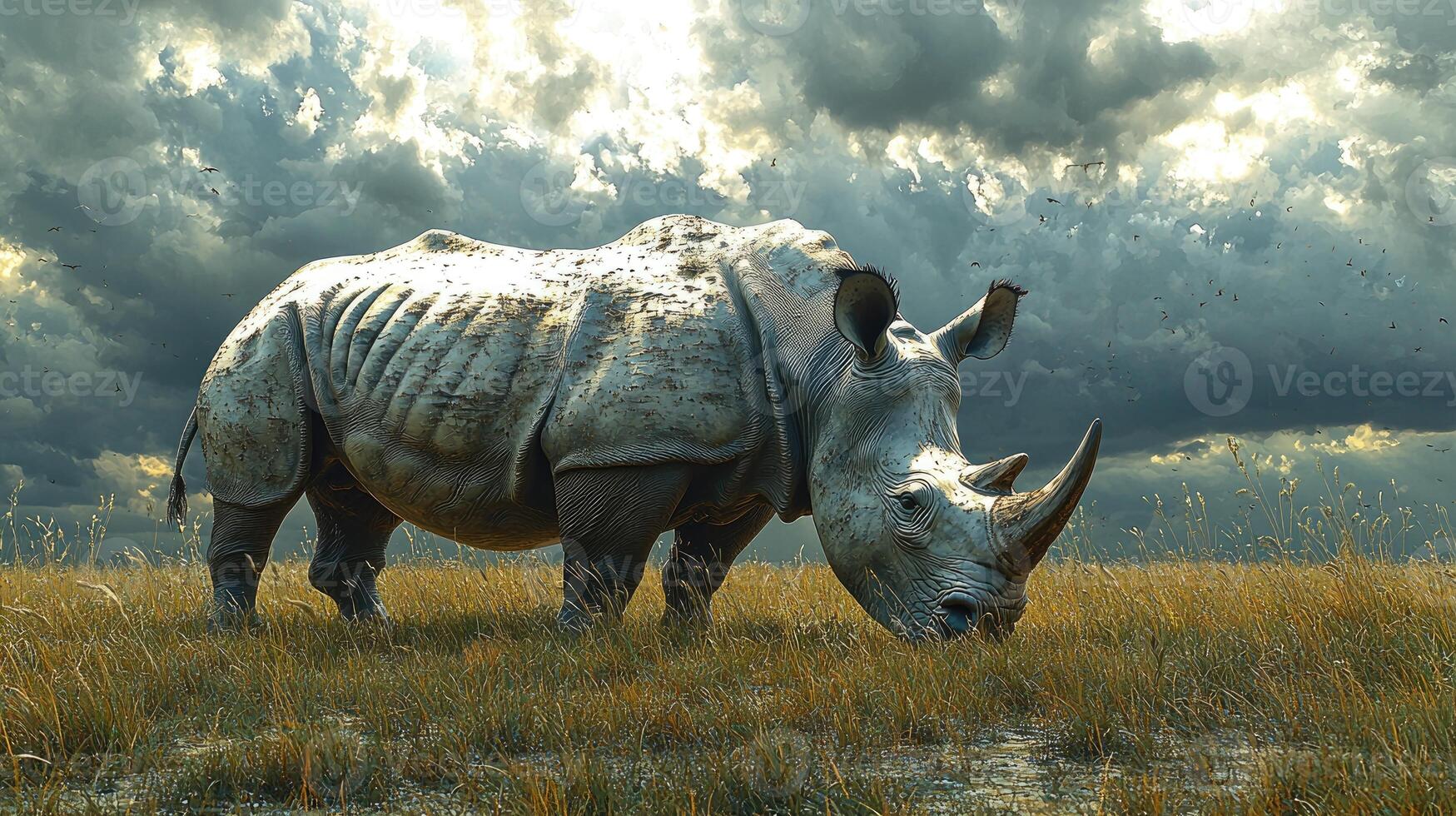 White Rhinoceros Grazing in African Savanna Under Stormy Skies photo