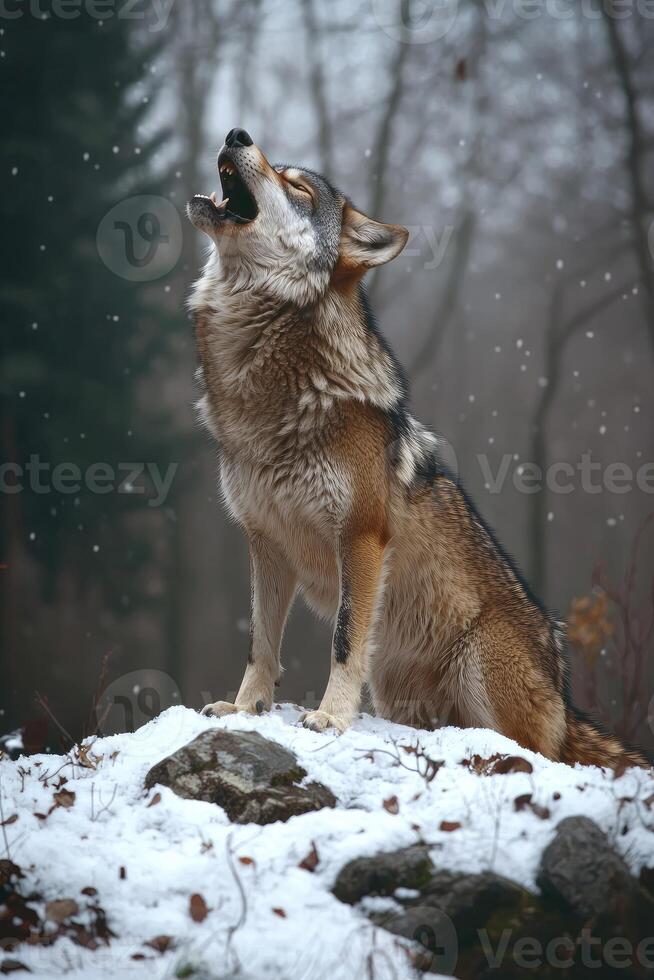 Wolf Howling In Snowy Winter Forest photo