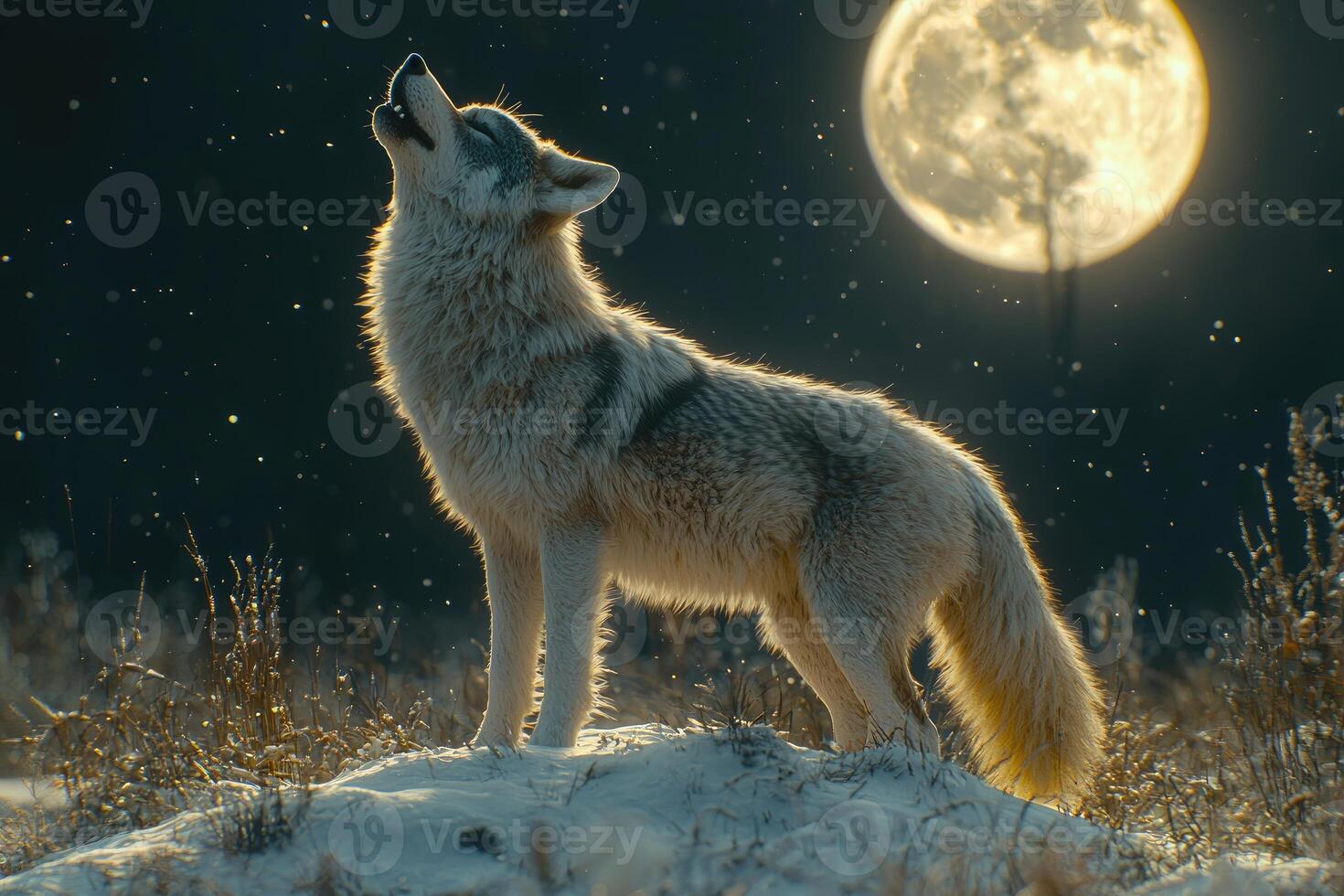 Lone Wolf Howling Underneath a Winter Moon photo
