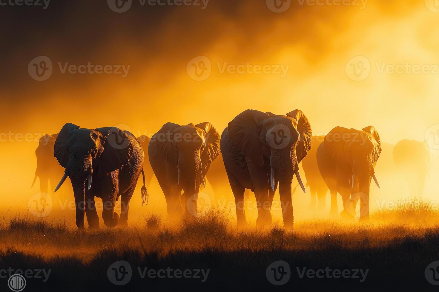 Majestic Elephant Herd Walking Through Golden Sunset Light photo
