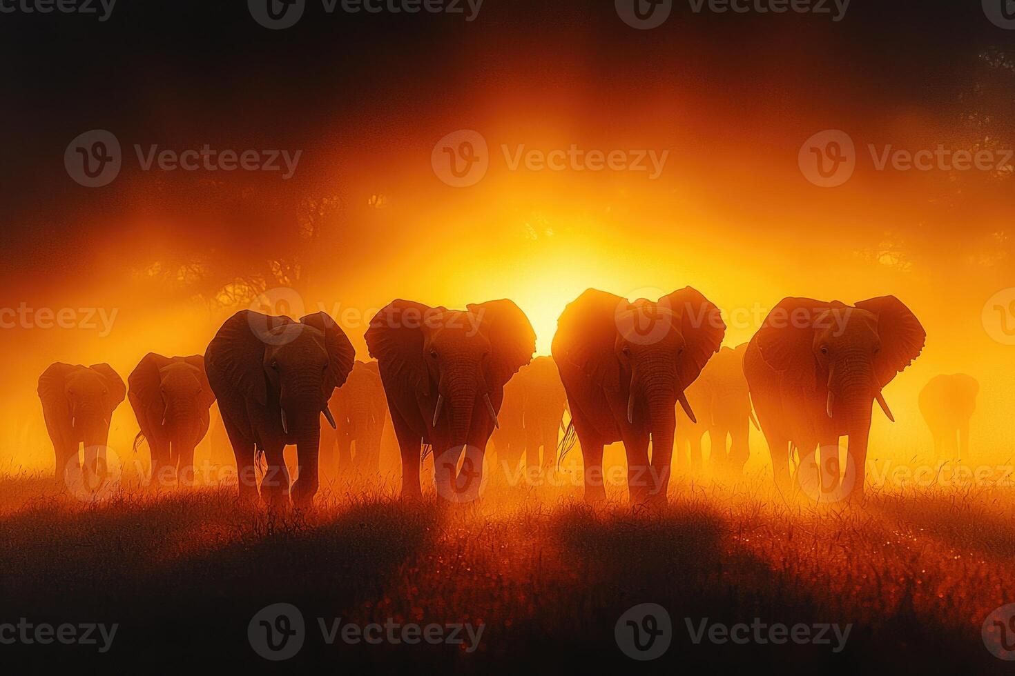 African Elephants Walking at Sunset Silhouette photo