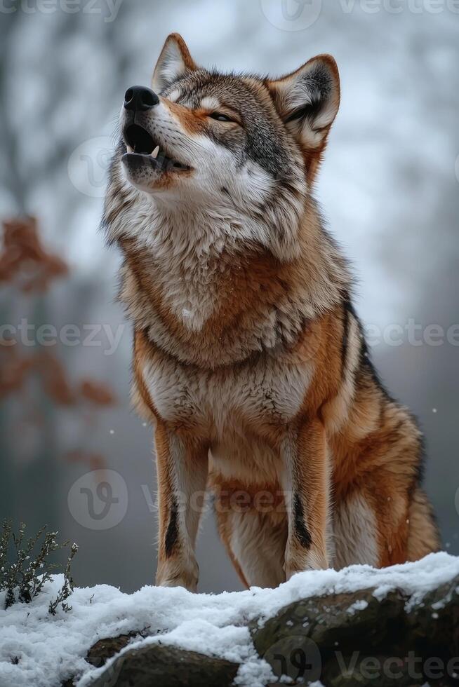 Majestic Red Wolf Howling in Winter Snow photo