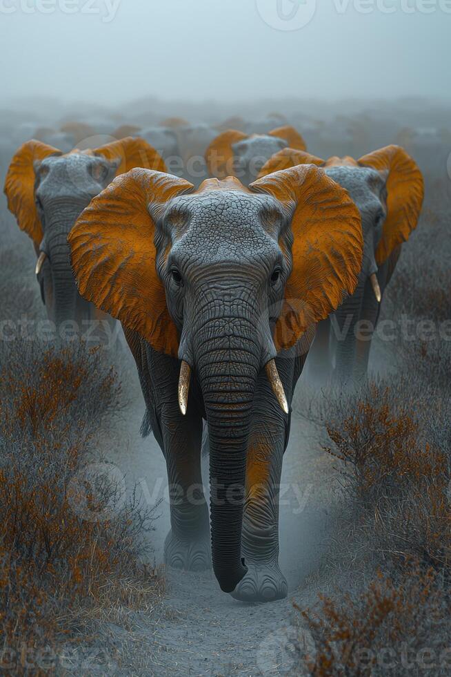 Elephant Herd Walking Towards The Viewer In Fog photo