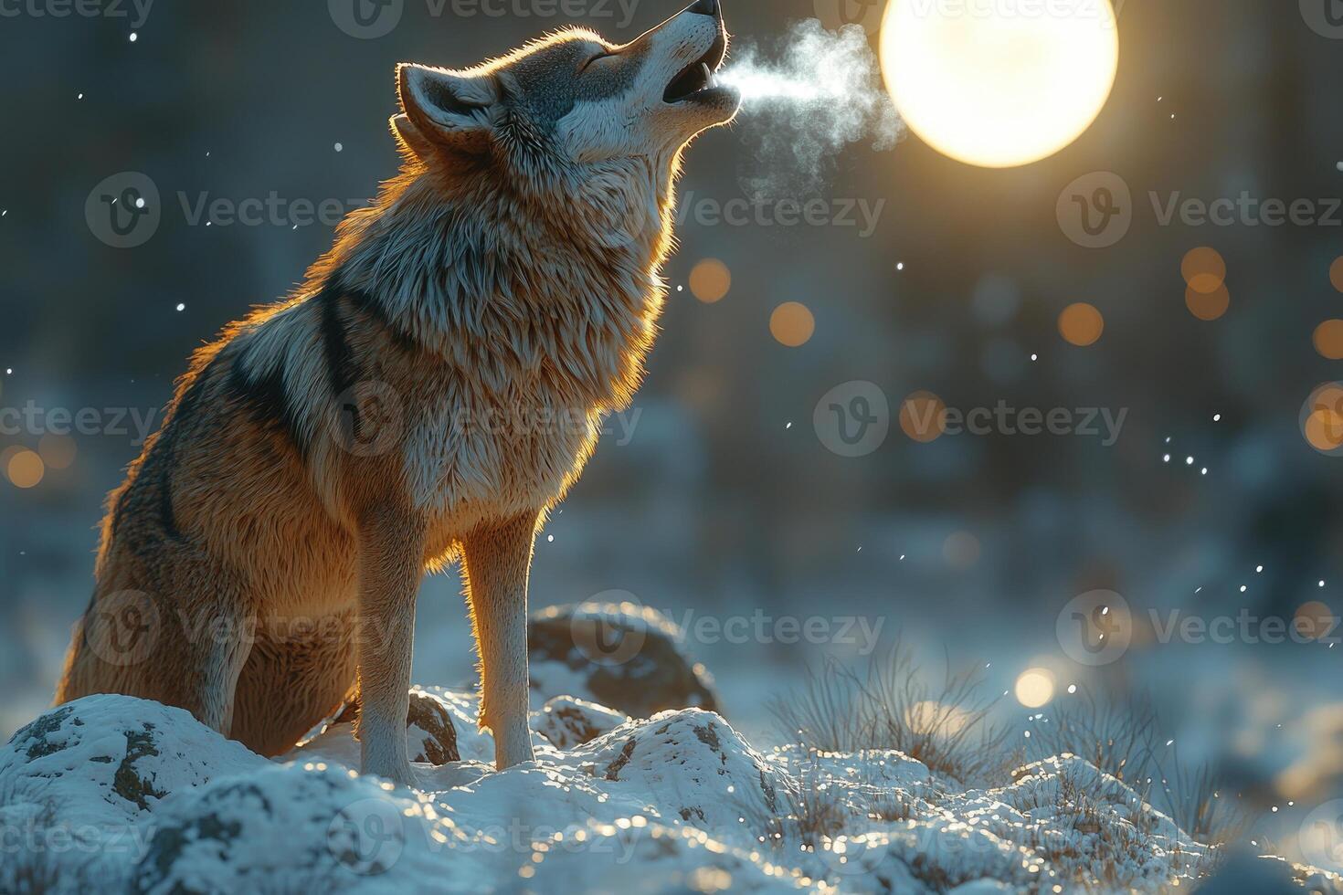 Lone Wolf Howling Under a Winter Moon photo