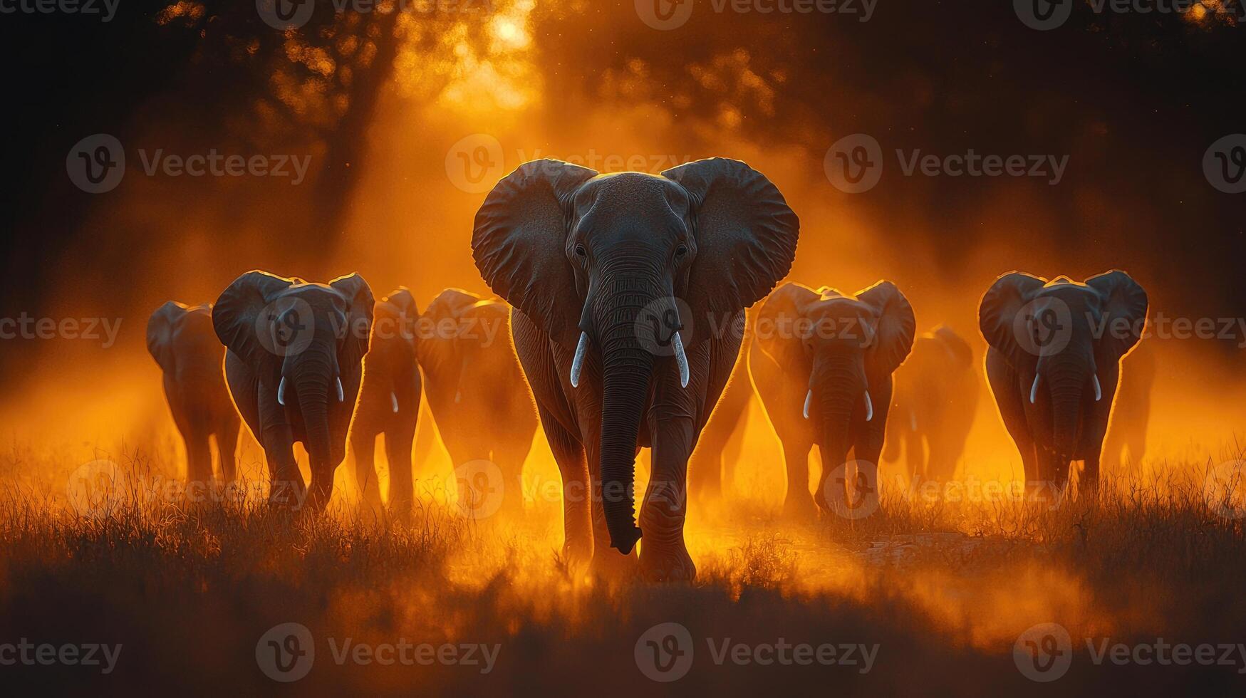 Elephant Herd Walking at Sunset in Africa photo