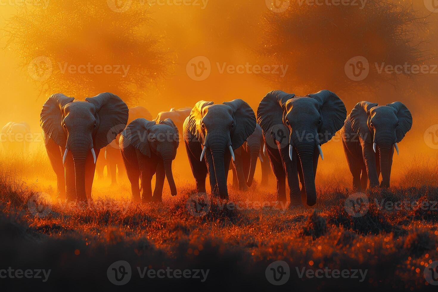 African Elephants Walking at Sunset in Golden Light photo