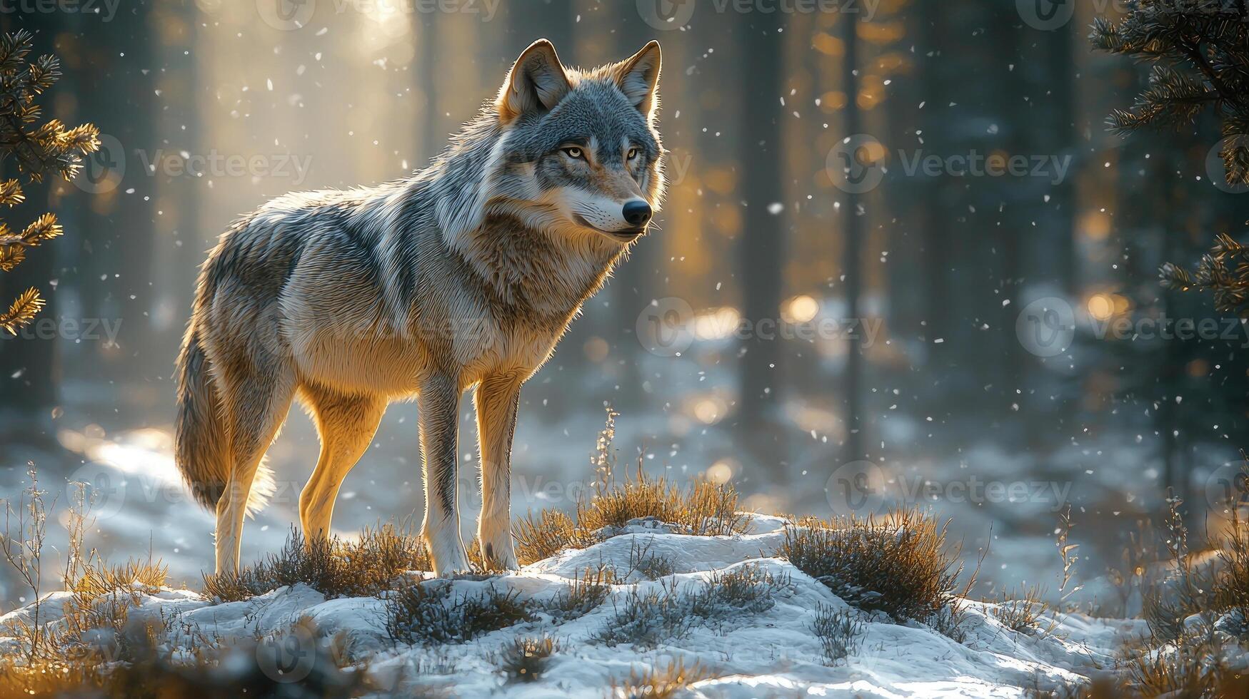 Majestic Grey Wolf in Winter Woodland Scene photo