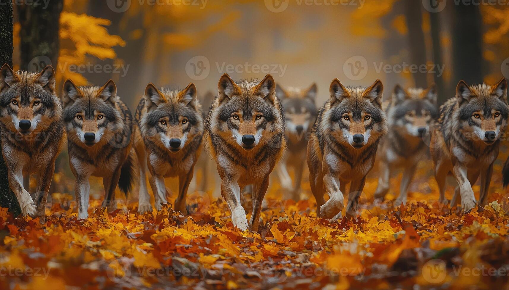 A Wolf Pack Runs Through Autumn Woods photo
