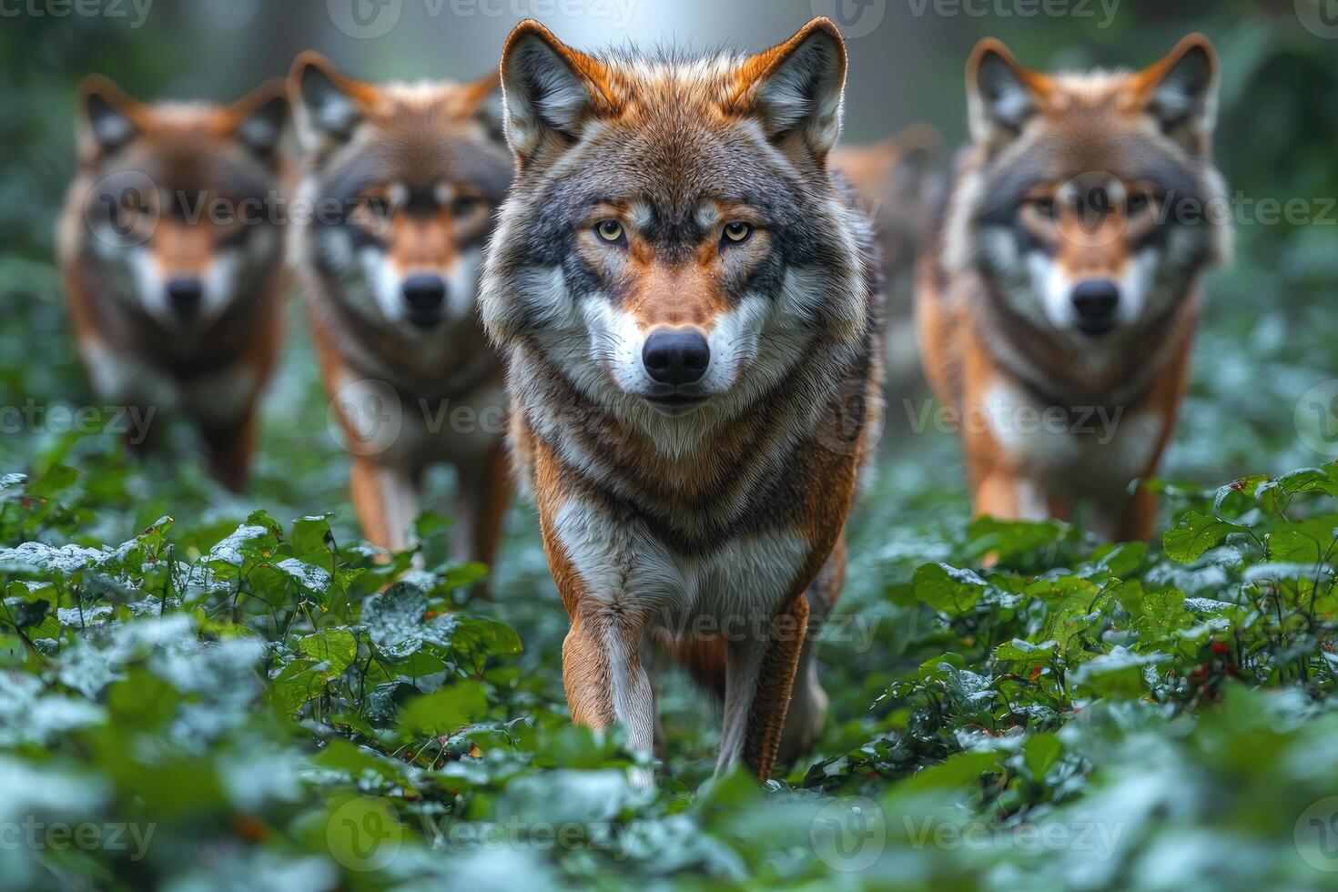 A Wolf Pack Walks Through Lush Green Foliage photo