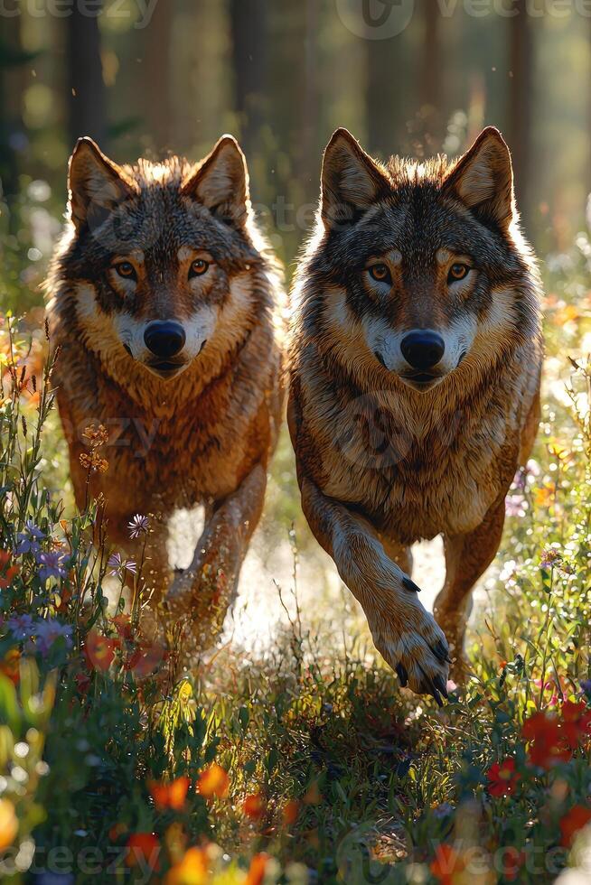 Two Wolves Running Through A Flowery Forest photo