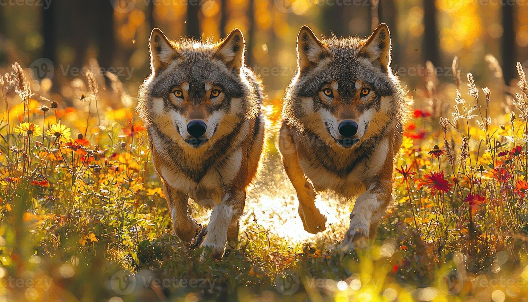 Two Wolves Running Through Autumnal Flowers photo