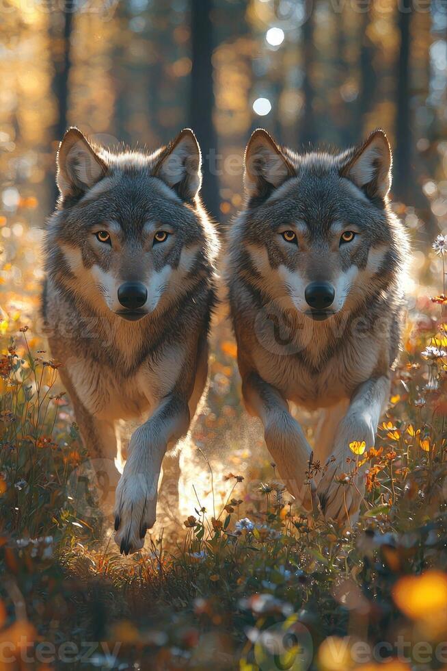 Two Grey Wolves Running Through Autumnal Forest photo