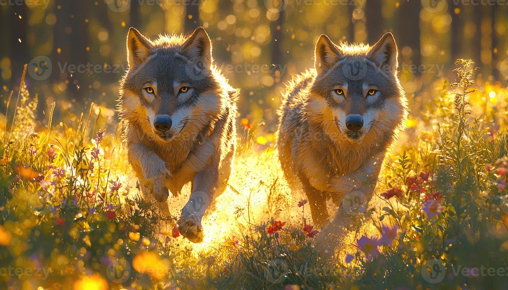 Two Wolves Running Through Golden Sunlight Meadow photo