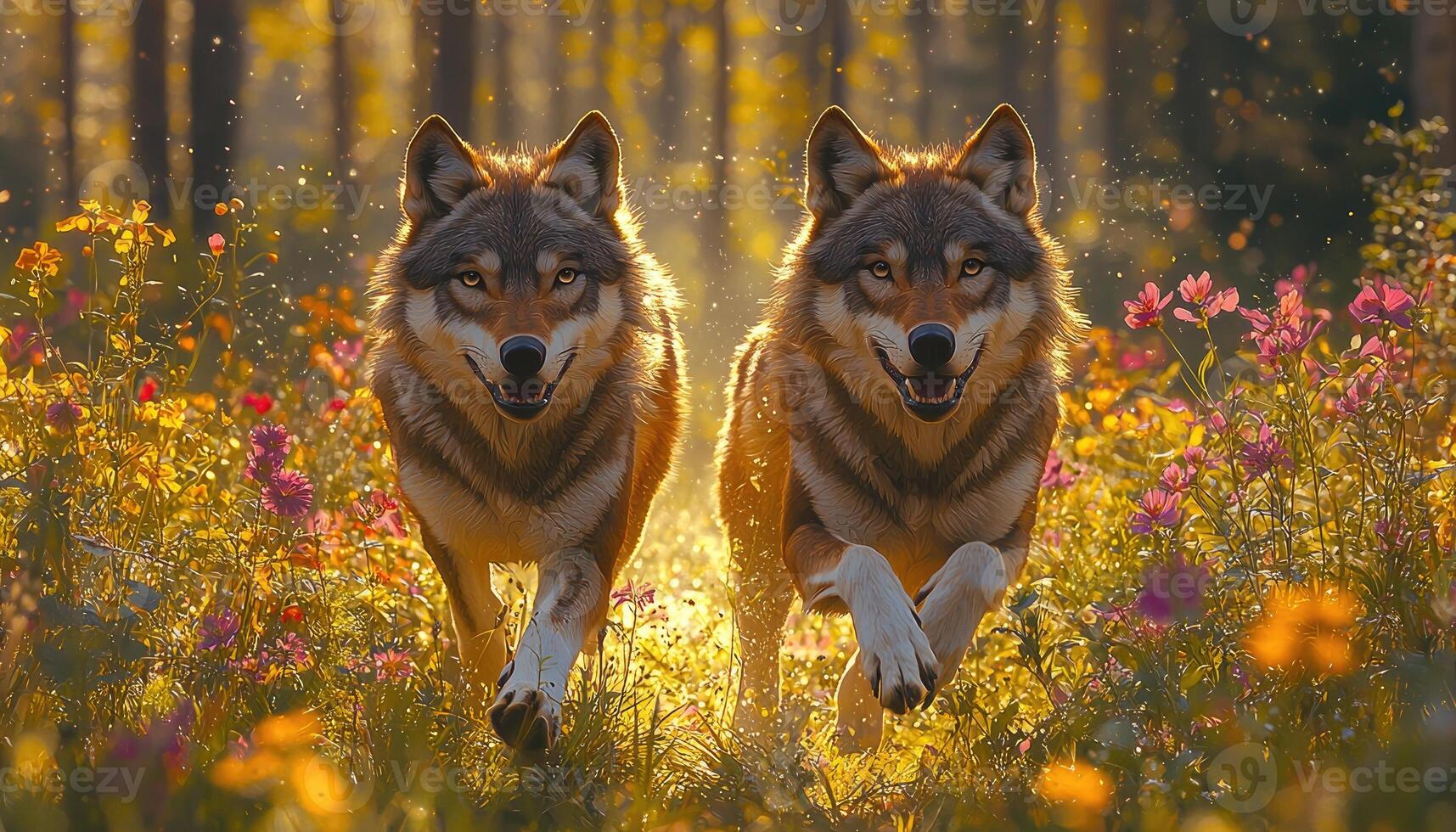 Two Wolves Running Through a Sunny Flower Field photo