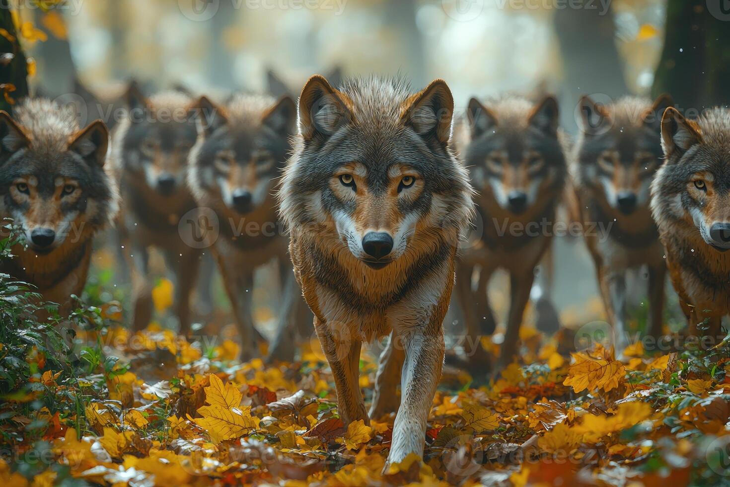 A Wolf Pack Walking Through Autumn Woods photo