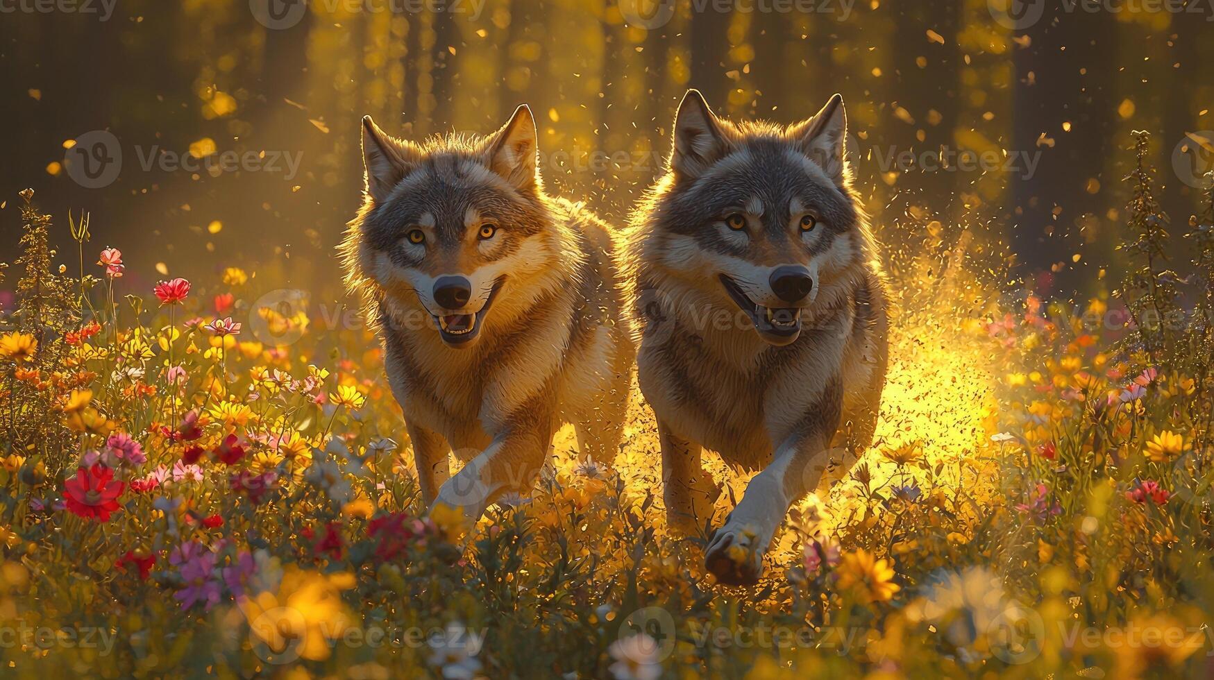 Two Wolves Running Through Golden Flower Field photo