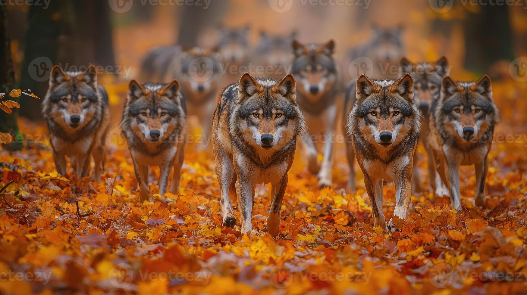 A Wolf Pack Runs Through Autumn Leaves photo
