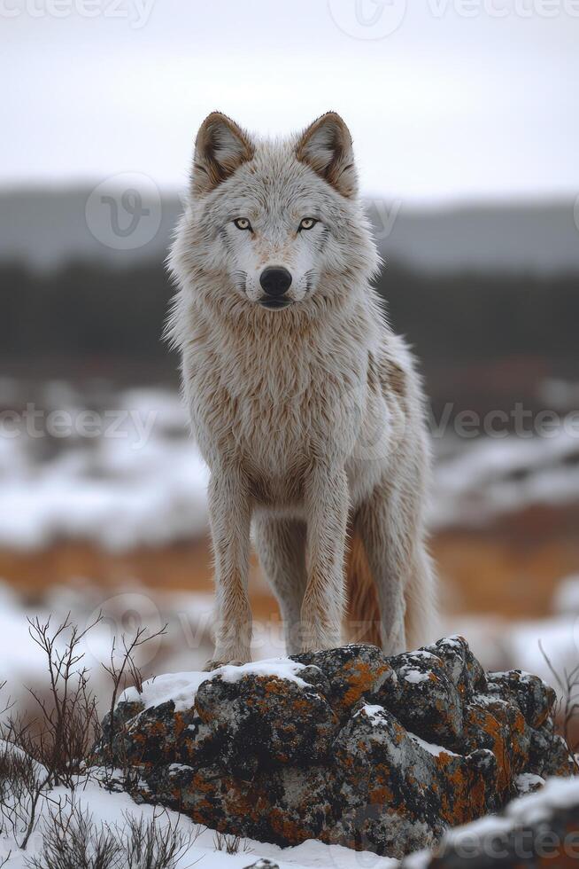 Arctic Wolf Standing Proud on Snowy Rock photo