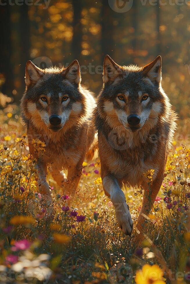 Two Wolves Walking Through Golden Sunlight Flowers photo