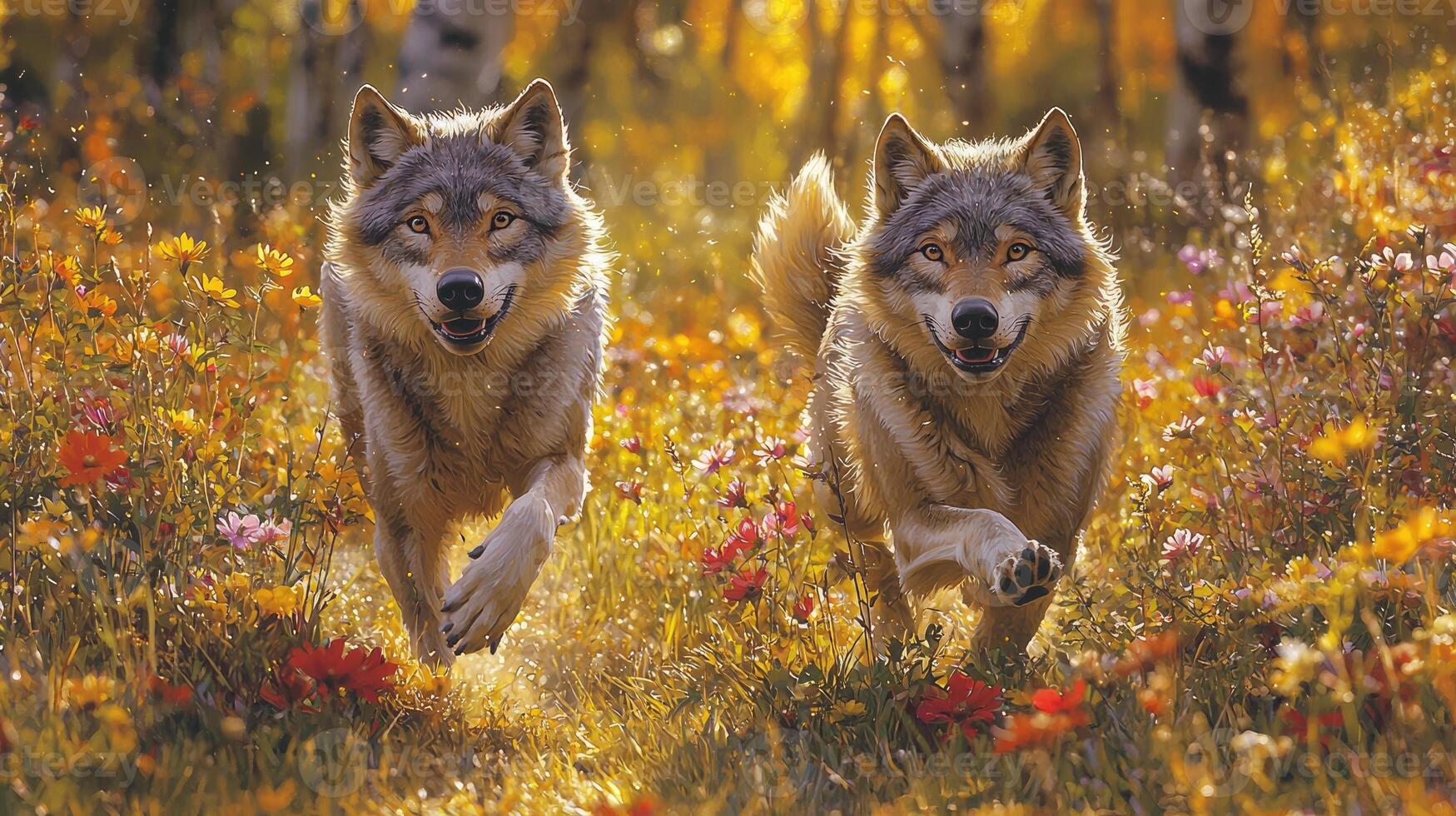 Two Wolves Running Through Autumnal Wildflowers photo