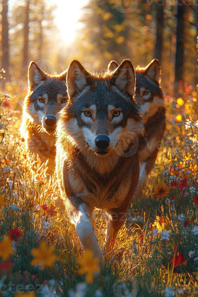 Three Wolves Walking Through A Sunny Meadow photo