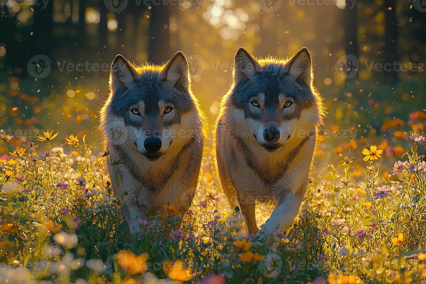 Two Wolves Walking Through A Sunny Wildflower Meadow photo
