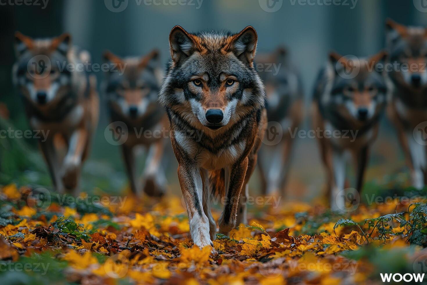 Majestic Wolf Pack Walking Through Autumn Leaves photo