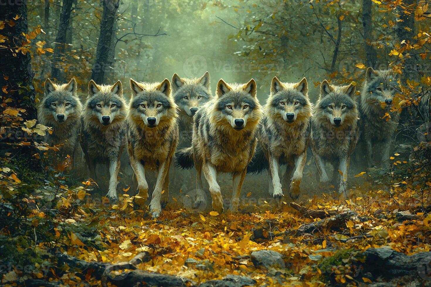 A Wolf Pack Moves Through An Autumn Forest photo