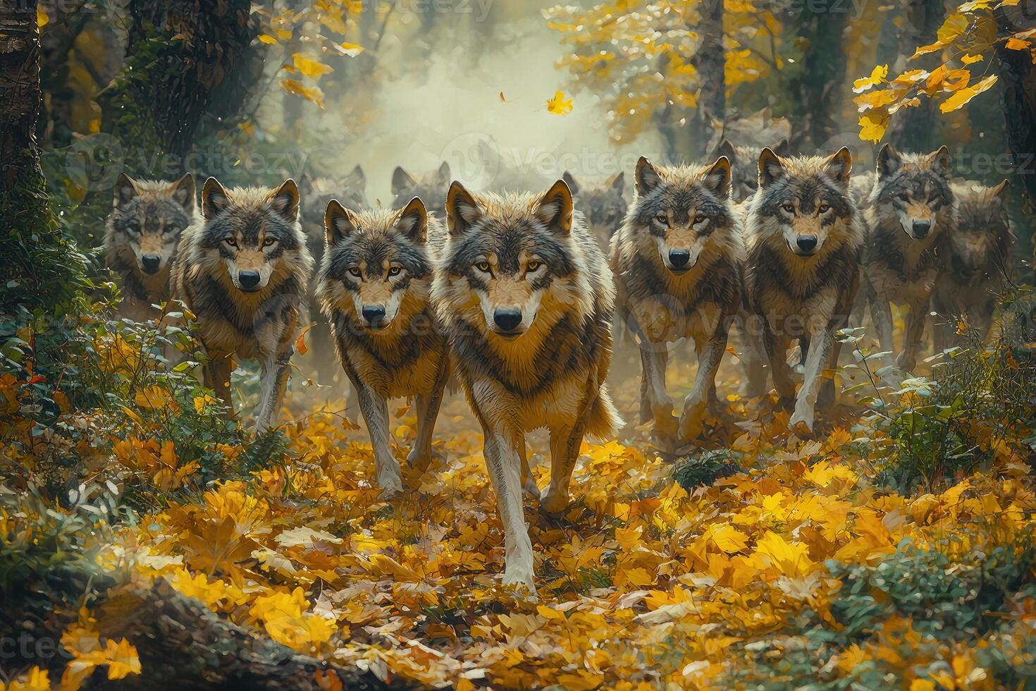 A Wolf Pack Running Through Autumn Woods photo