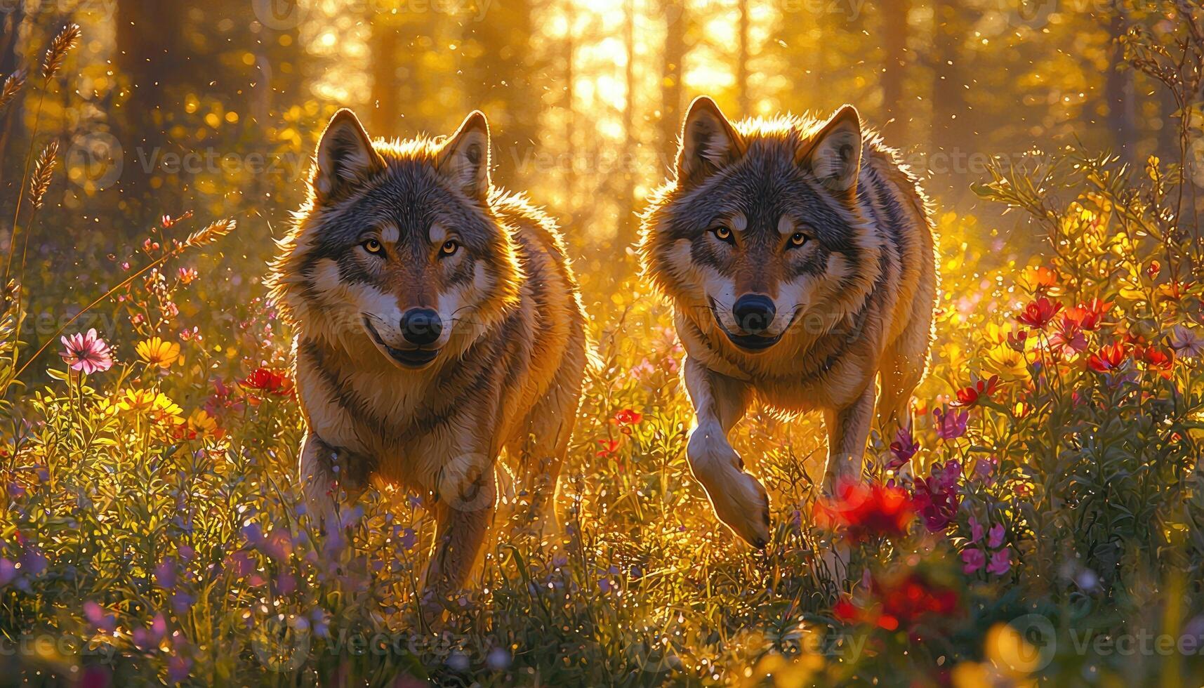 Two Wolves Running Through A Golden Flower Field photo
